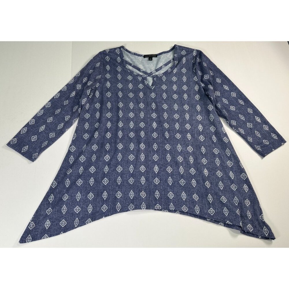 Signature 1 Studio Women’s Blouse Blue with Diamond Print Keyhole Neck Size L